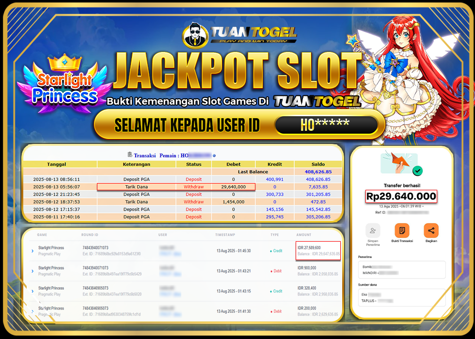 TUANTOGEL JACKPOT SLOT STARLIGHT PRINCESS Rp29.640.000, - LUNAS